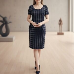 Ann Taylor Dark Blue and White Windowpane Short Sleeve Sheath Dress